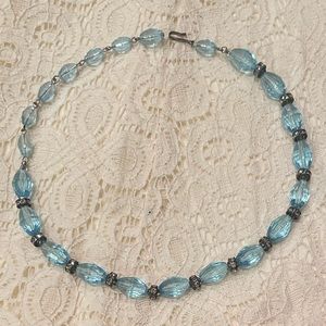 Vintage Blue Crystal Necklace Gemstone & Diamond Rhinestones Beaded Adjustable